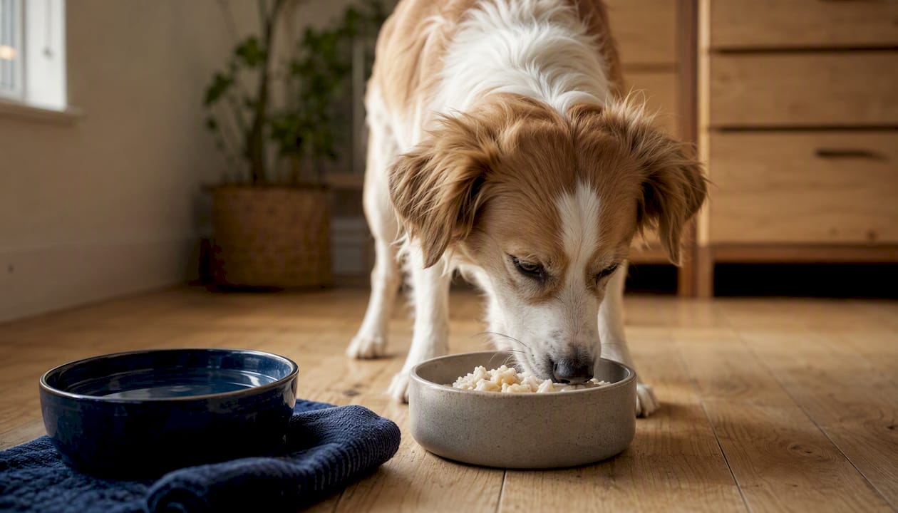Hunden får servert et enkelt måltid på kjøkkenet.