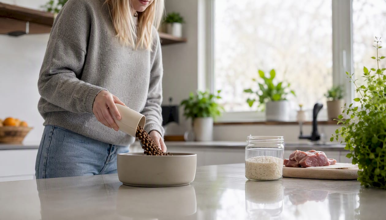 Eieren heller allergivennlig hundemat i matskålen.