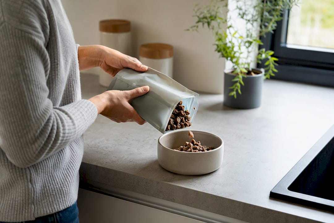 En person lager en matskål med allergivennlig hundemat
