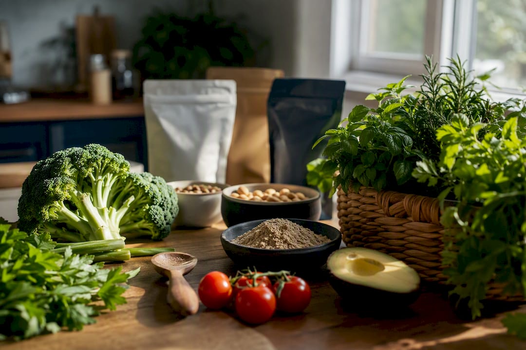 Sunne, grønne ingredienser til hundemat ligger klare på kjøkkenbenken.