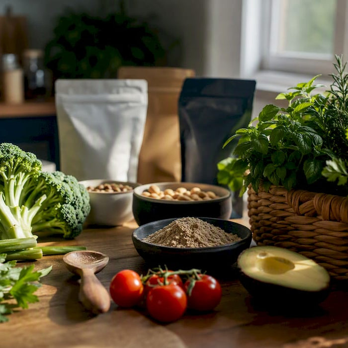 Sunne, grønne ingredienser til hundemat ligger klare på kjøkkenbenken.