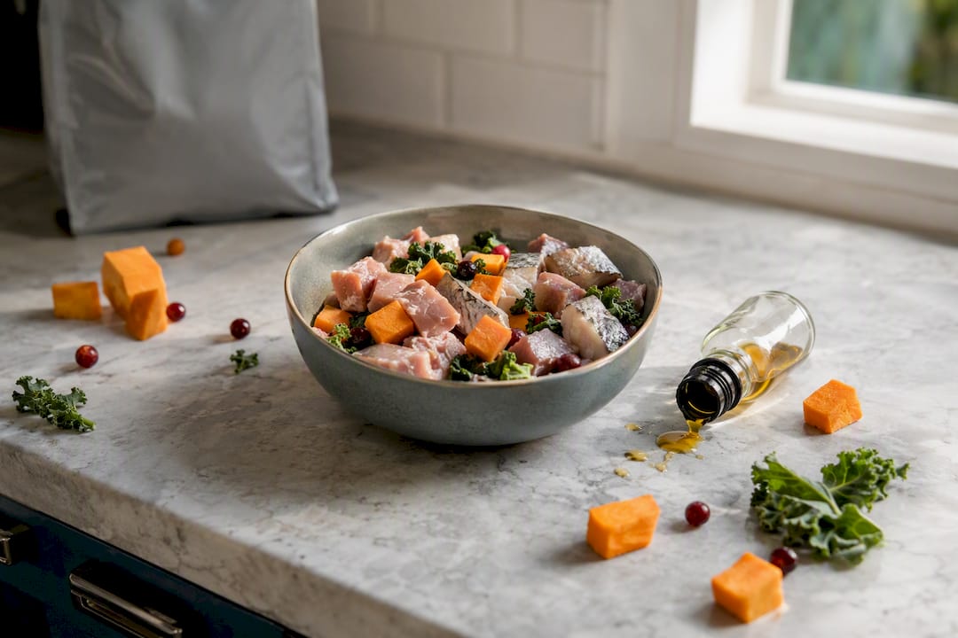 Nærbilde av førsteklasses hundemat og ingredienser