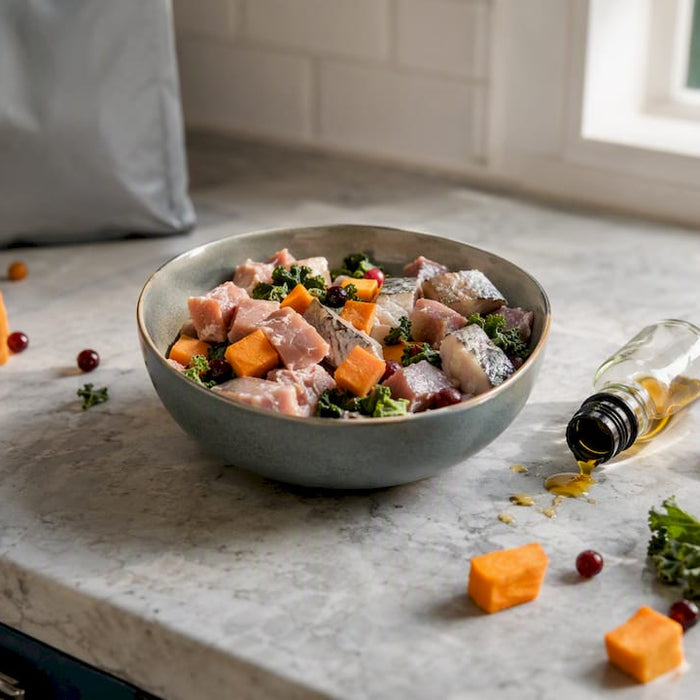 Nærbilde av førsteklasses hundemat og ingredienser
