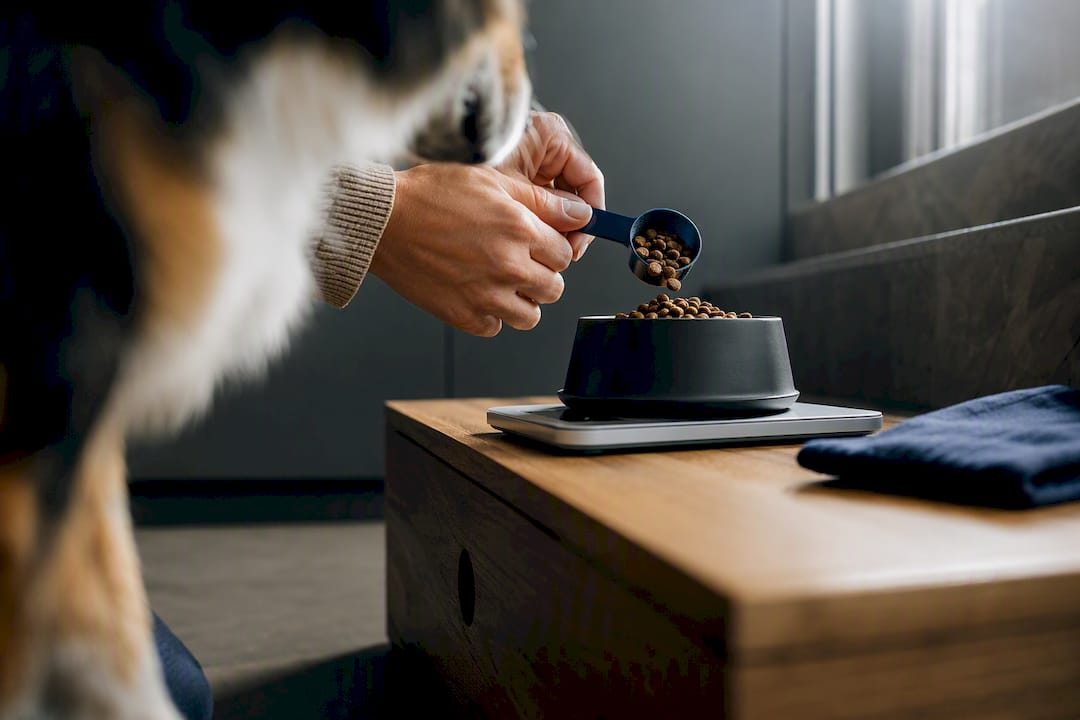 Hundeeier måler opp hundens daglige matmengde