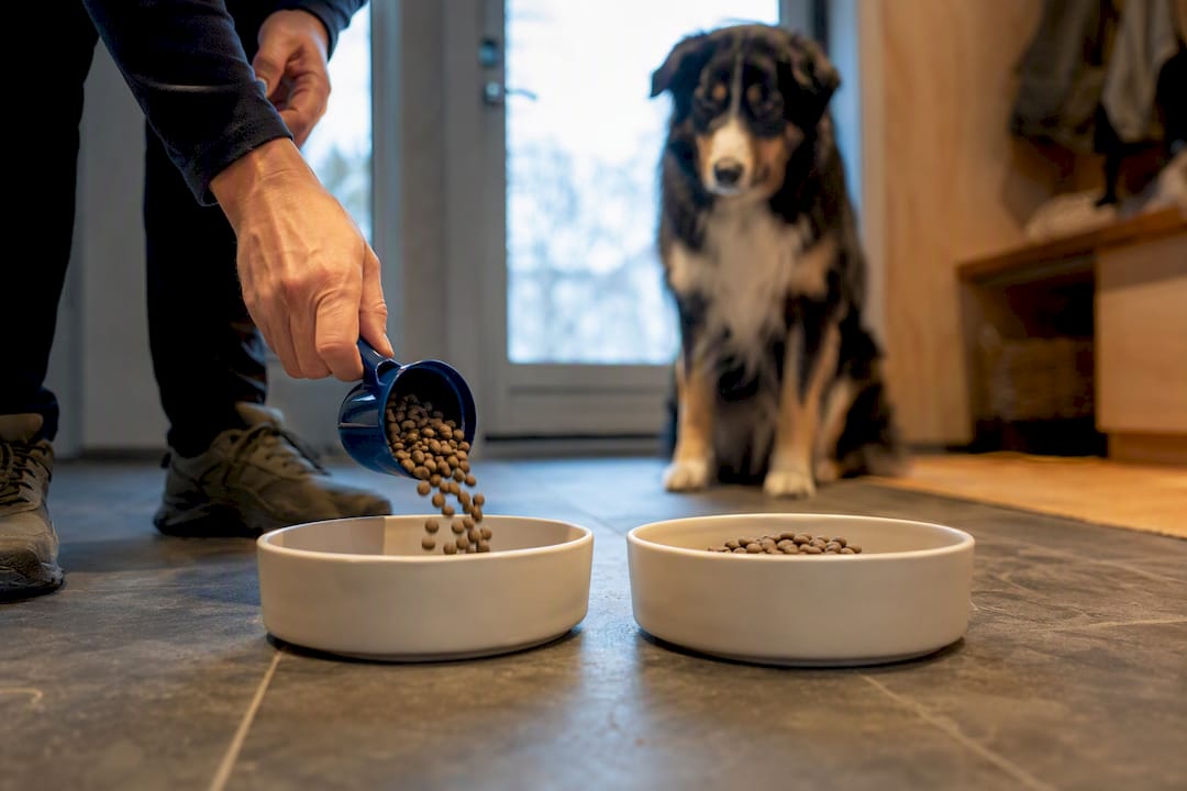 Stor hund venter på delt dagsrasjon
