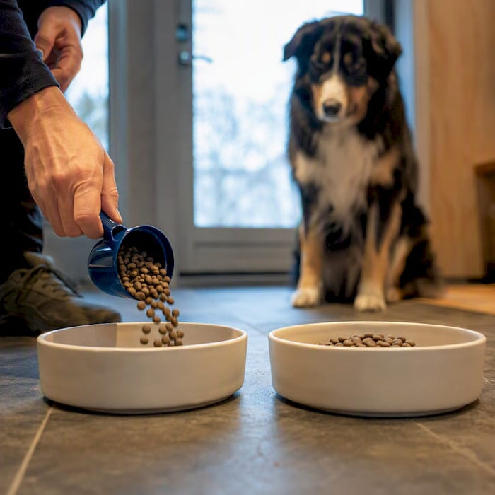 Stor hund venter på delt dagsrasjon