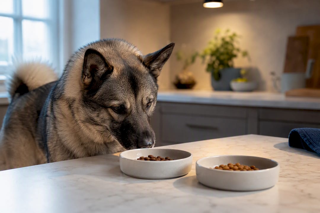 Hund ser nøye på to skåler med hundemat