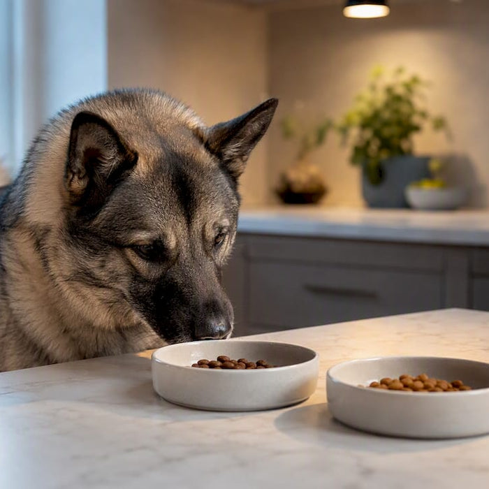 Hund ser nøye på to skåler med hundemat