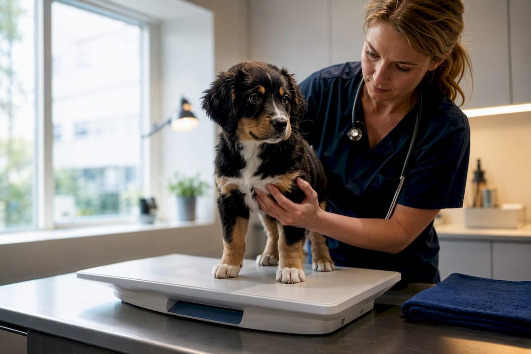 Valpen blir veid hos veterinæren