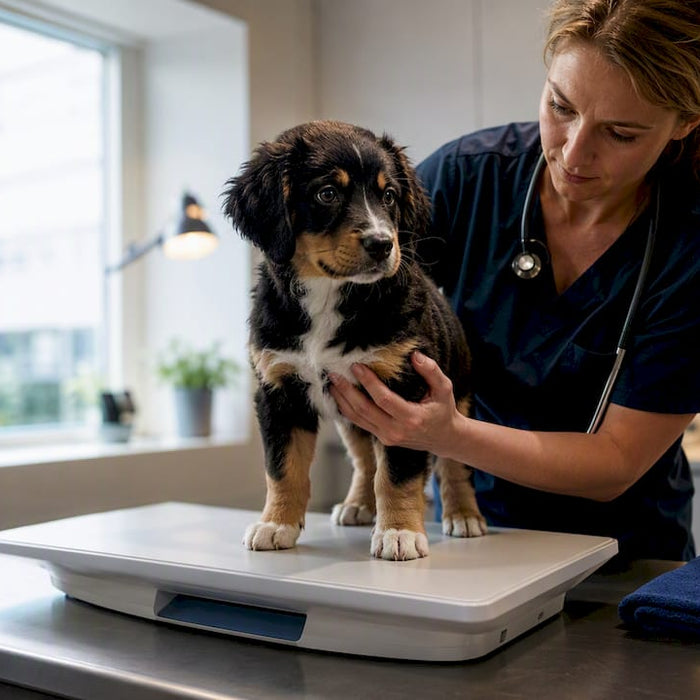 Valpen blir veid hos veterinæren