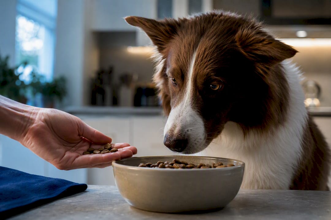 Hund gransker en anonym matskål med fôr