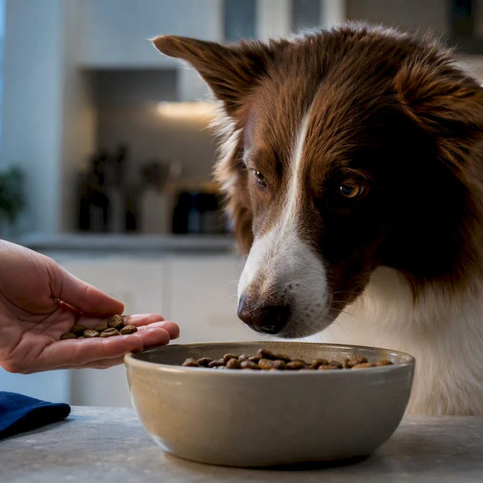 Hund gransker en anonym matskål med fôr