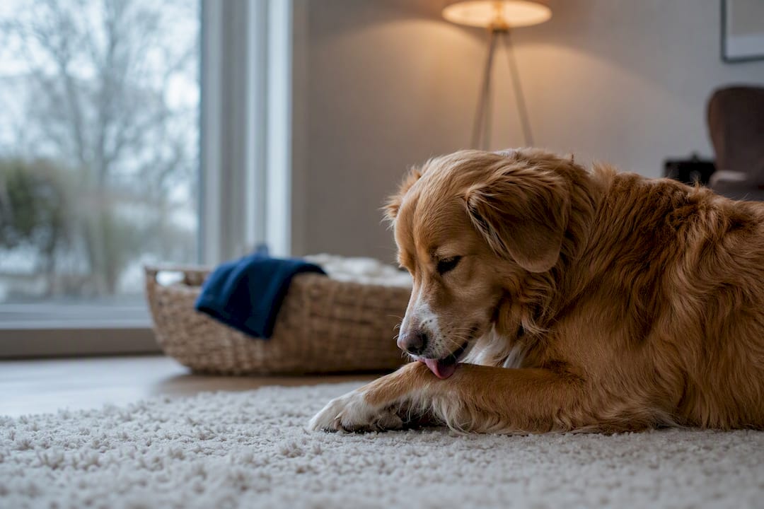 Hund som slikker på en irritert pote hjemme