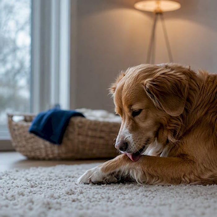 Hund som slikker på en irritert pote hjemme