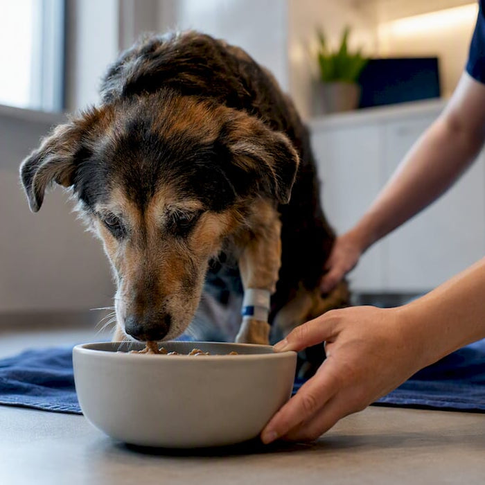 Syk hund spiser en liten porsjon
