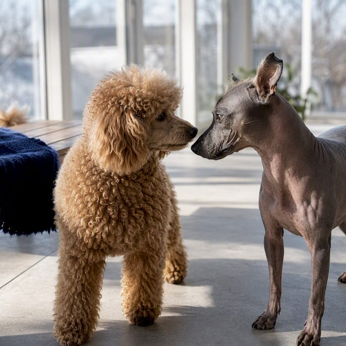 Puddel og hårløs terrier i vinterhagen