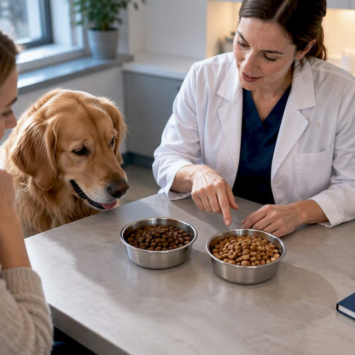 Veterinær analyserer prøver av hundefôr