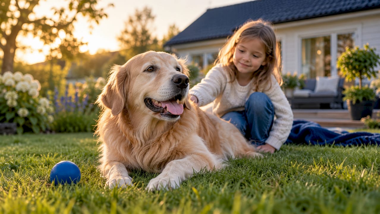 Barn møter en rolig familiehund i hagen