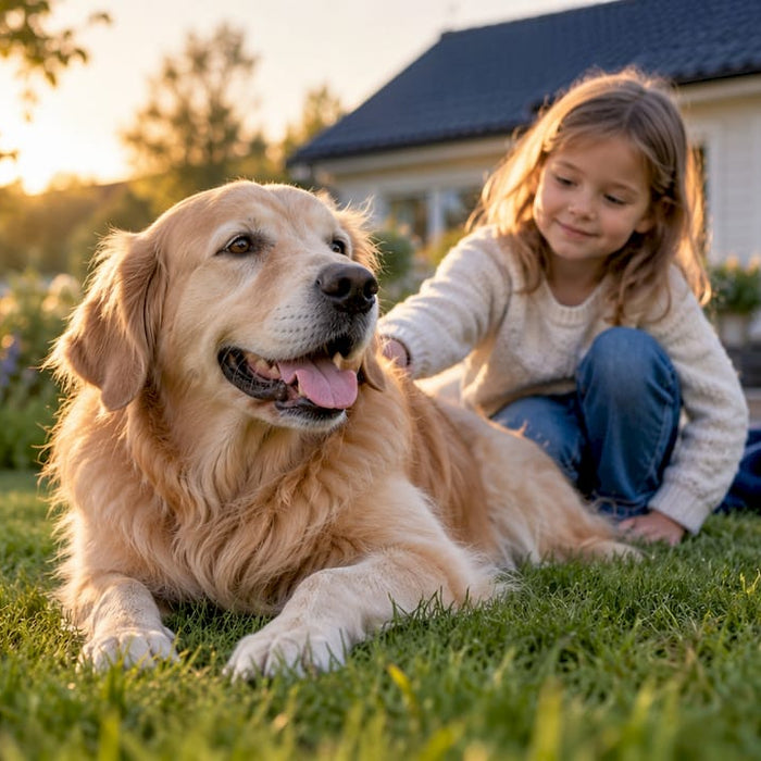 Barn møter en rolig familiehund i hagen