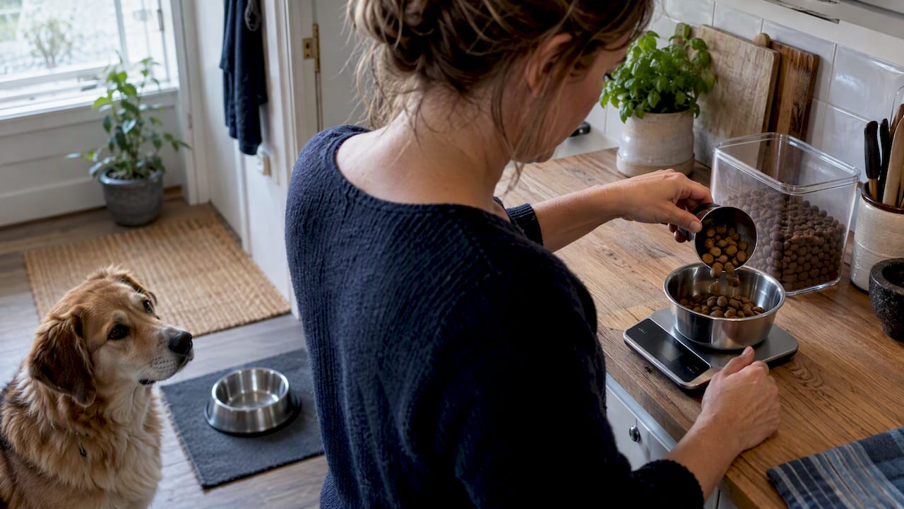 Eieren måler opp fôrmengde til hunden